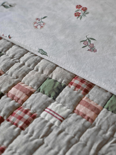 Red Check Piped Edge Patchwork Quilt detail with Woodland Floral Bedding