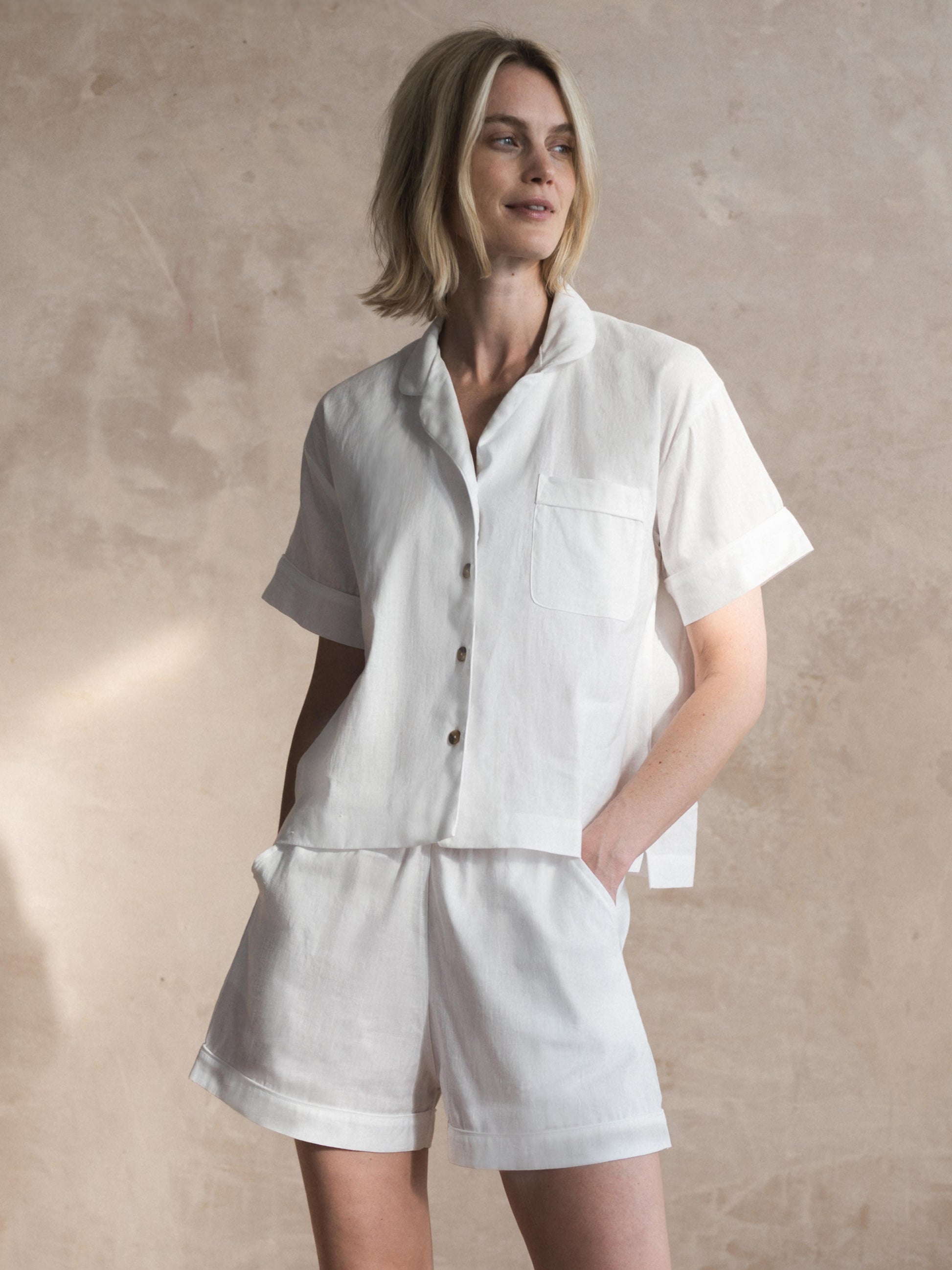 White Linen Blend Pyjama Short Set