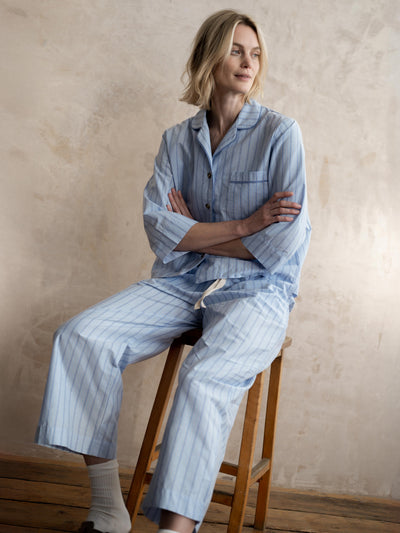 Pale Blue Favourite Stripe Cotton Cropped Trouser Set