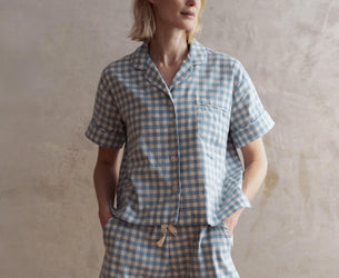 Warm Blue Gingham Linen Blend Pyjama Short Set