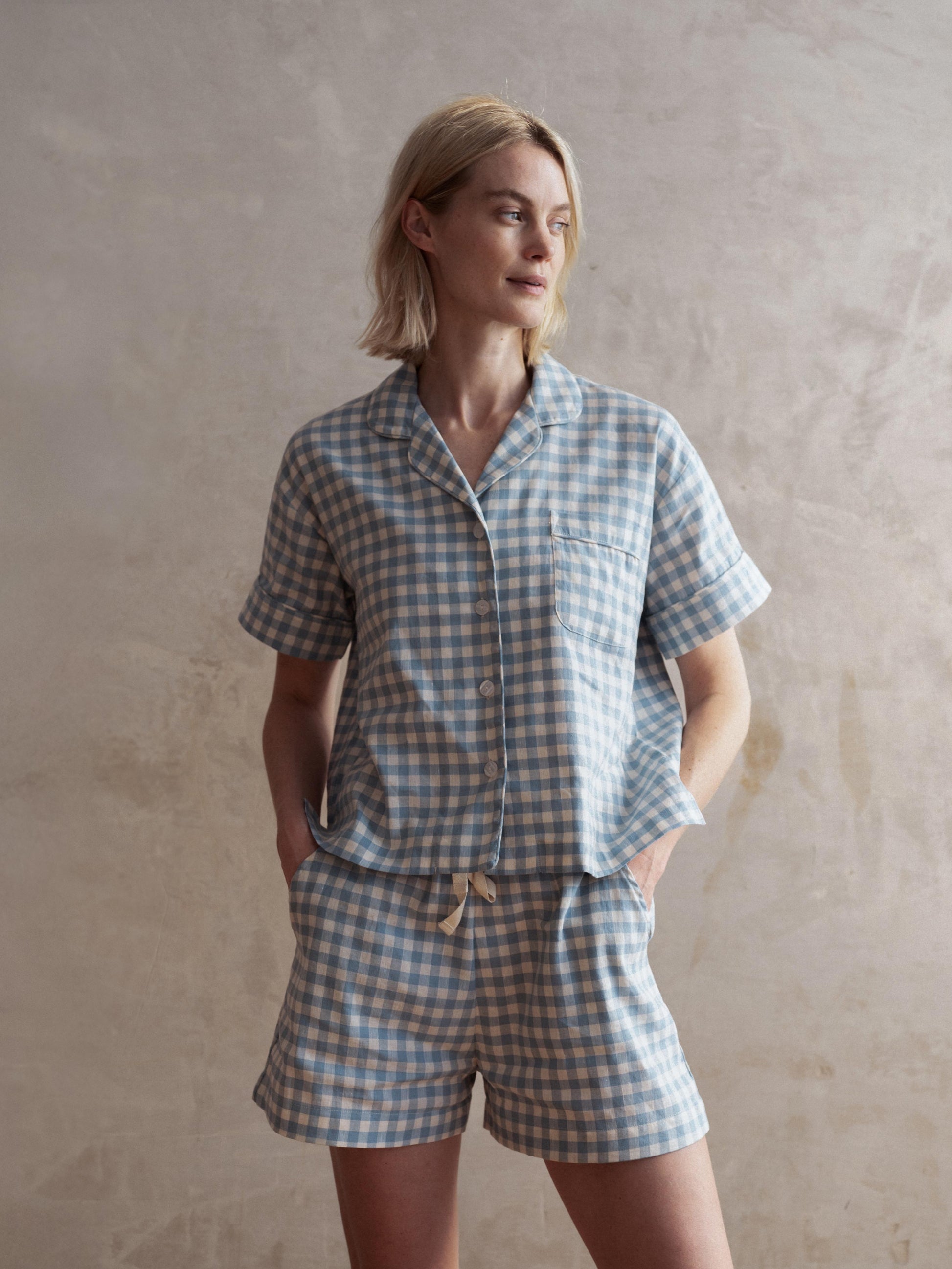 Warm Blue Gingham Linen Blend Pyjama Short Set