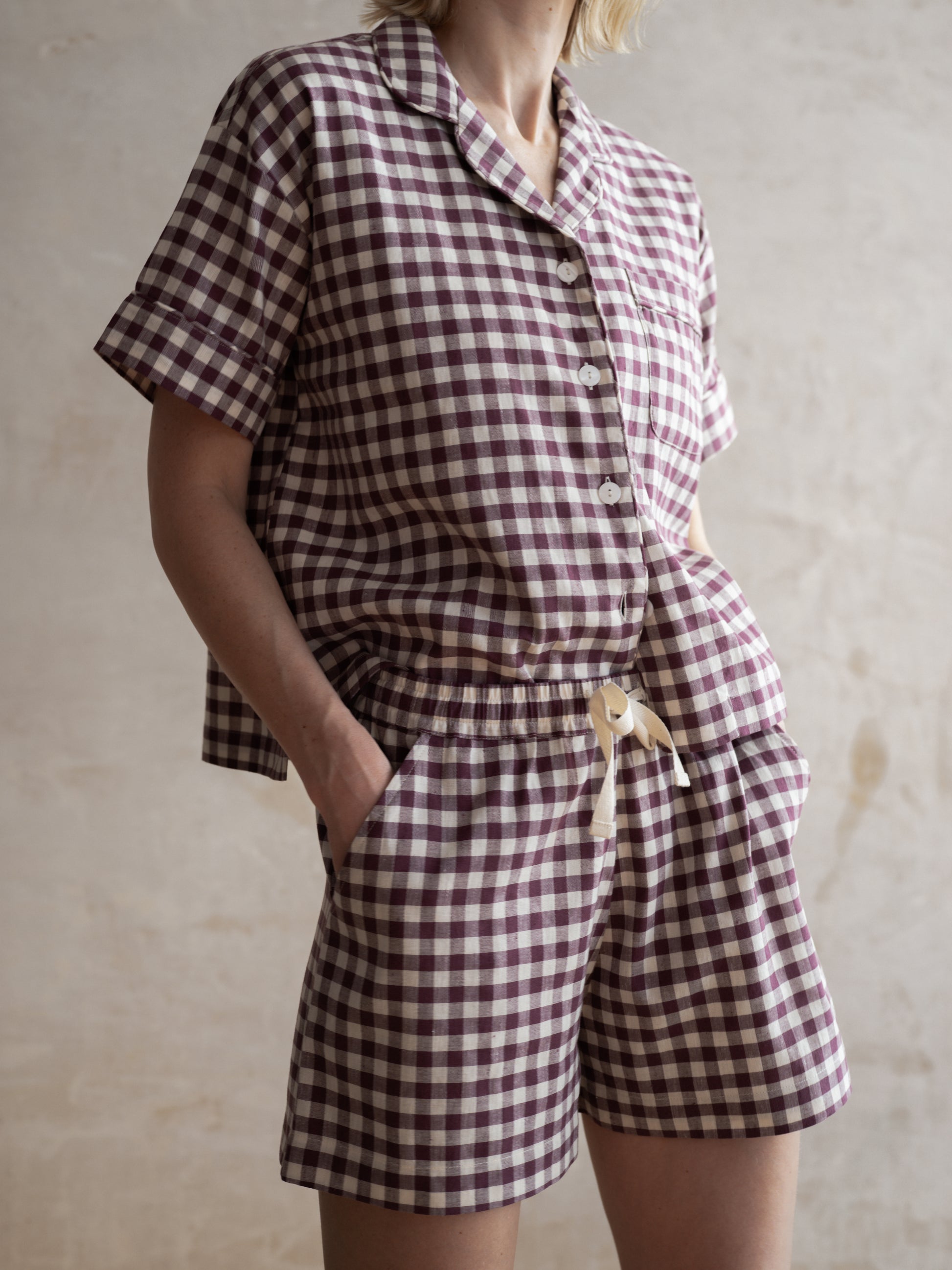 Berry Gingham Linen Blend Pyjama Short Set