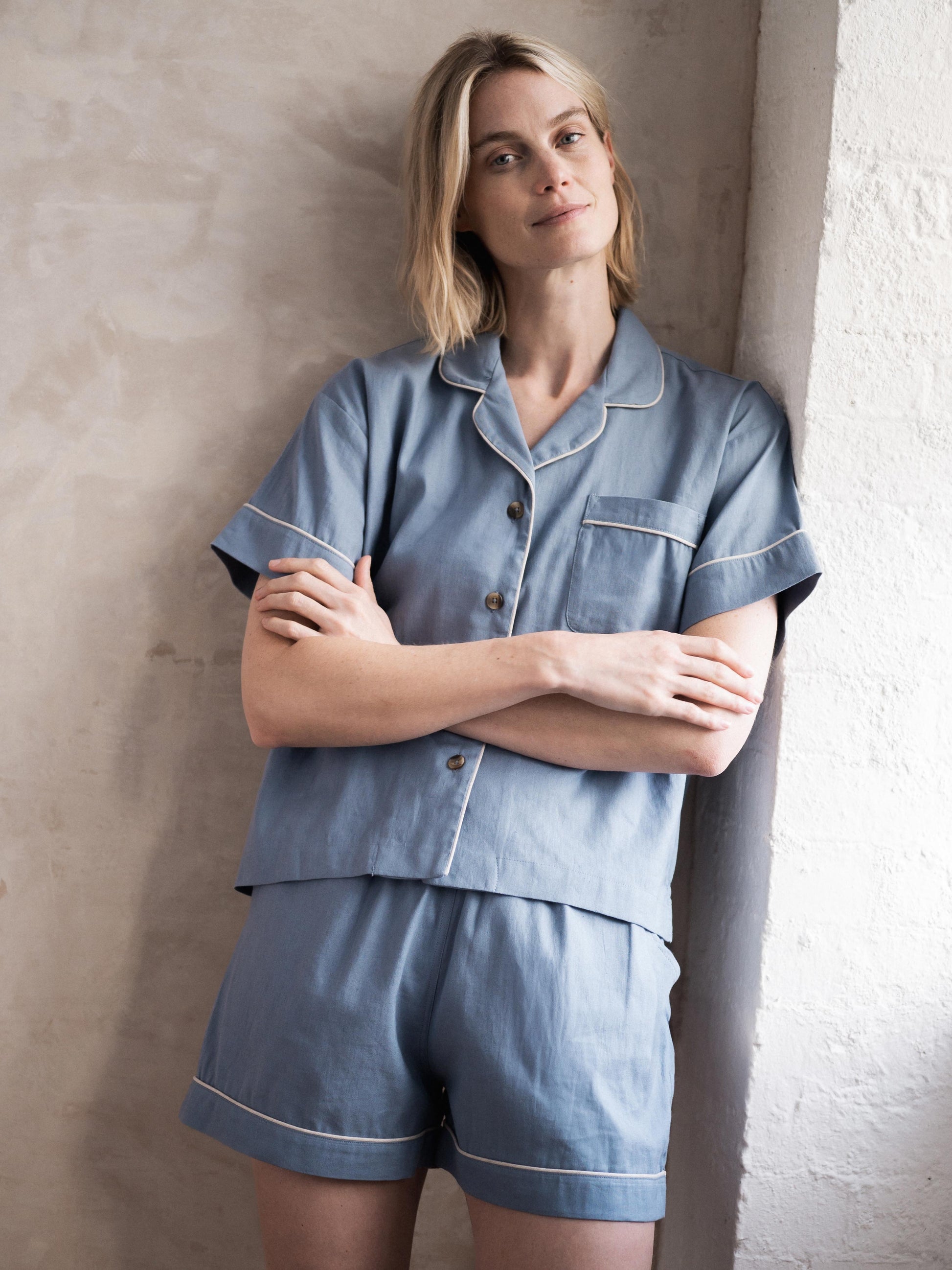 Dusk Blue Linen Blend Pyjama Short Set