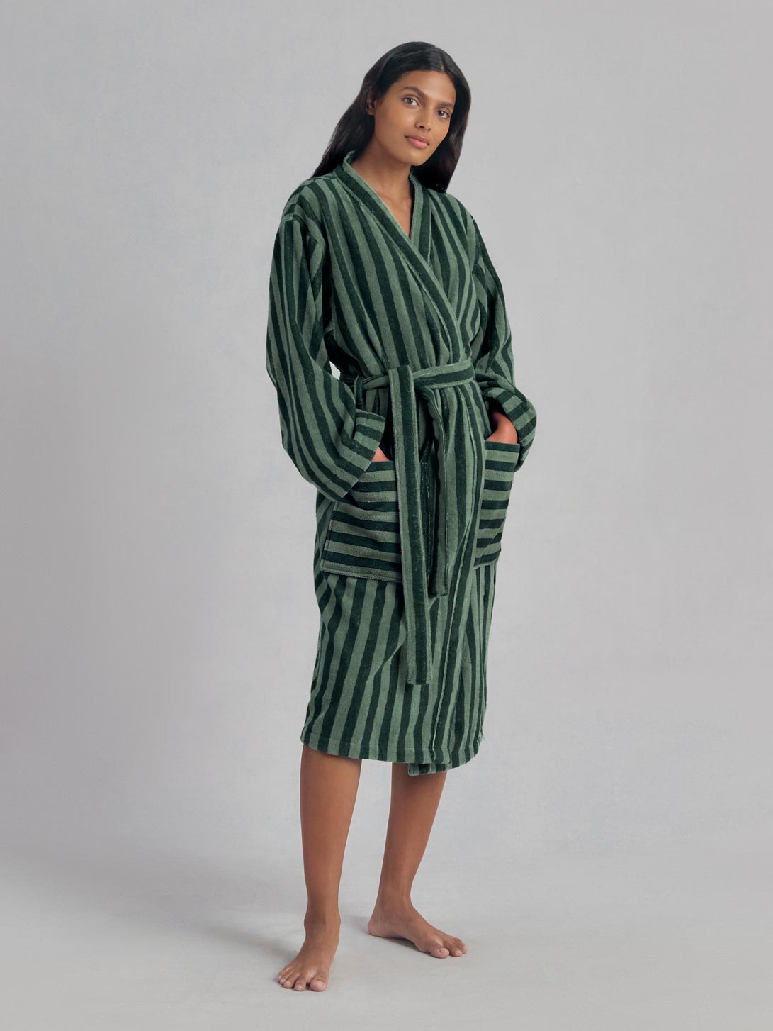 Pine Green Pembroke Stripe Cotton Robe | Piglet in Bed UK
