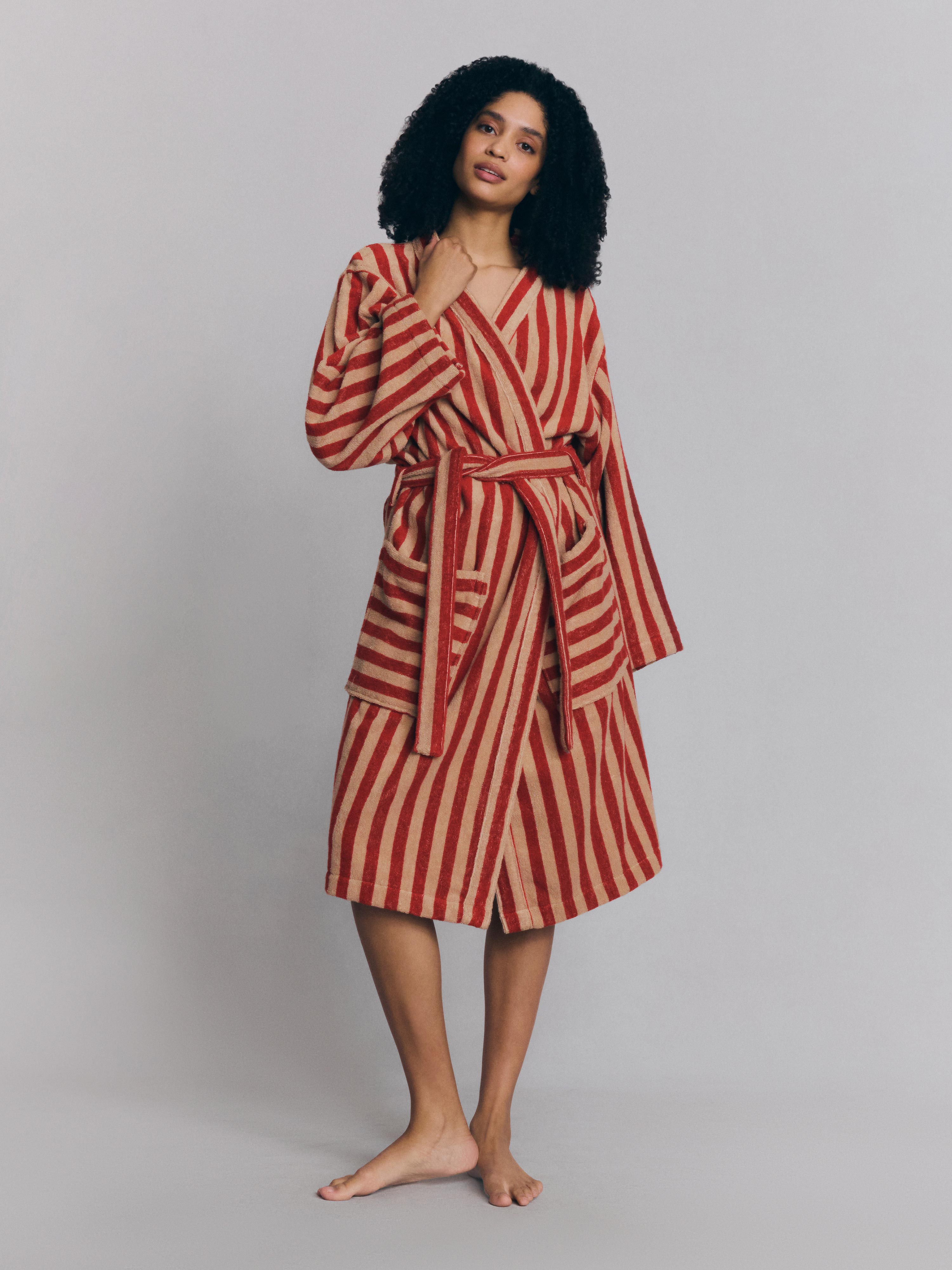 Sandstone Red Pembroke Stripe Cotton Robe | Piglet in Bed UK