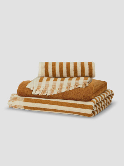Stack of Russet Yellow Pembroke Stripe and Fringe Edge Towels