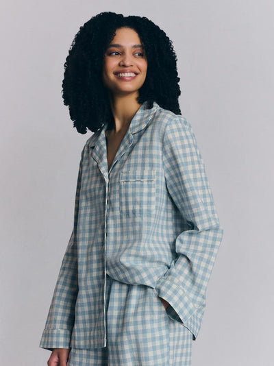 Warm Blue Gingham Linen Blend Pyjama Trouser Set