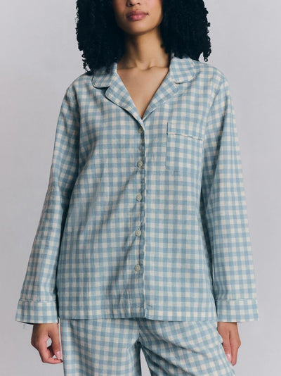 Warm Blue Gingham Linen Blend Pyjama Trouser Set