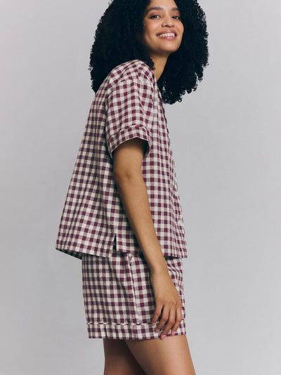 Schlafanzug-Kurzset aus Leinenmischung mit Beeren-Gingham-Muster