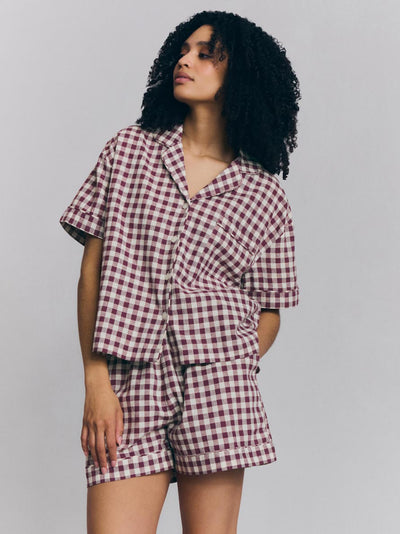 Schlafanzug-Kurzset aus Leinenmischung mit Beeren-Gingham-Muster