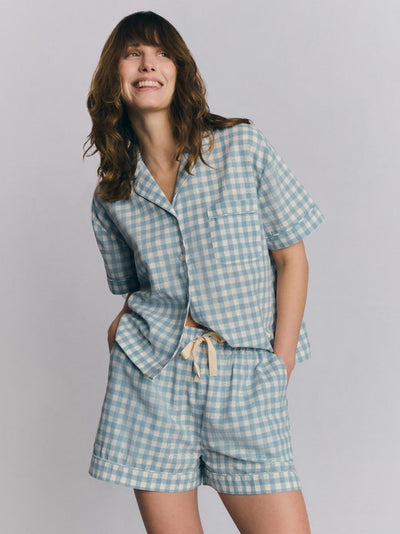 Ensemble short de pyjama en mélange de lin vichy bleu chaud