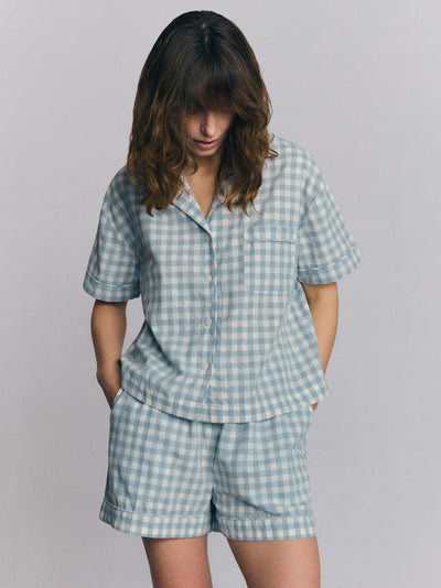 Ensemble short de pyjama en mélange de lin vichy bleu chaud