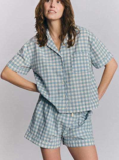 Ensemble short de pyjama en mélange de lin vichy bleu chaud