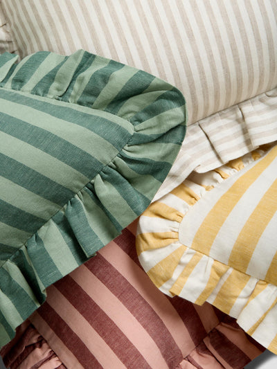 Oatmeal Stripe Frill Linen Blend Filled Cushion - alternate image