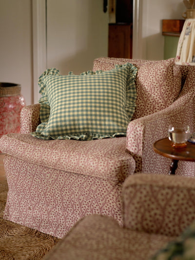 Elm Green & Butter Yellow Gingham Frill Linen Blend Filled Cushion lifestyle