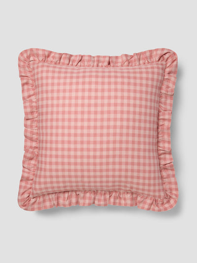 Dusty Pink & Rose Gingham Frill Linen Blend Filled Cushion