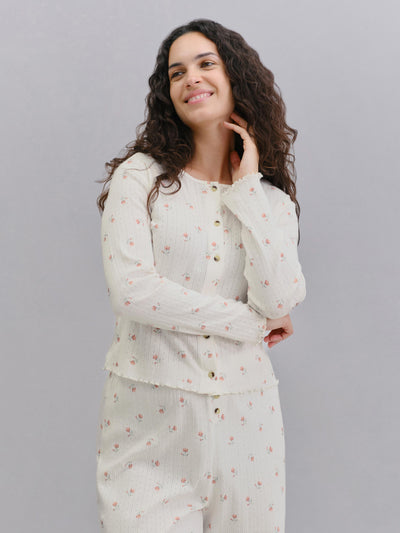 Model wearing Posy Bud Pointelle Cardigan