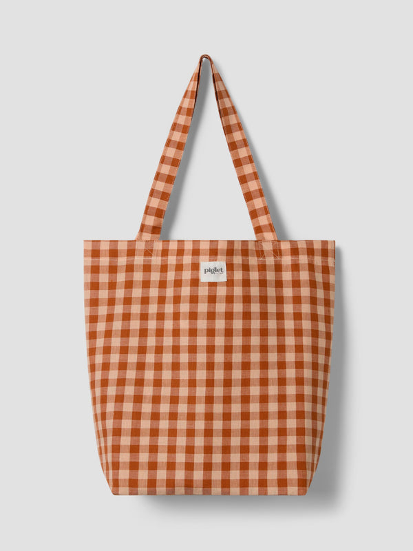 Cinnamon/Peach Colour Drenched Gingham Linen Blend Tote Bag