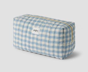 Warm Blue Gingham Linen Blend Wash Bag