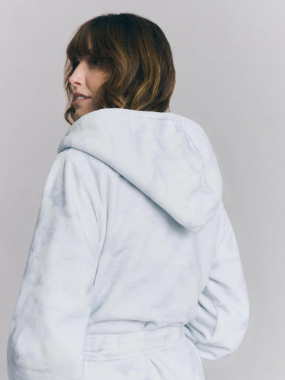Model wearing Cloud Print Robe with hood detail