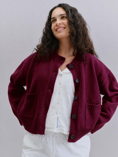 Berry Crew Neck Wool Cardigan