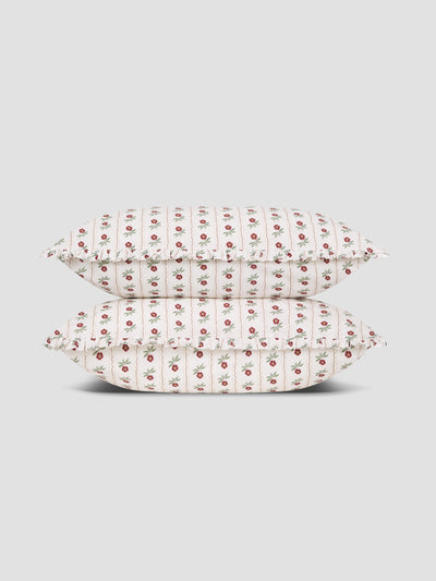 White Woodland Stripe Cotton Frill Pillowcases (Pair)