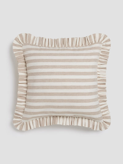 A square throw pillow with horizontal beige and off-white stripes and a ruffled trim around the edges, shown against a neutral light gray background.