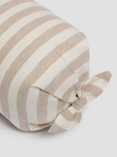 Oatmeal Pembroke Stripe Linen Blend Tie Edge Bolster Filled Cushion