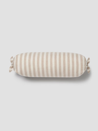 Oatmeal Pembroke Stripe Linen Blend Tie Edge Bolster Filled Cushion