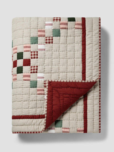 Red Check Piped Edge Patchwork Quilt