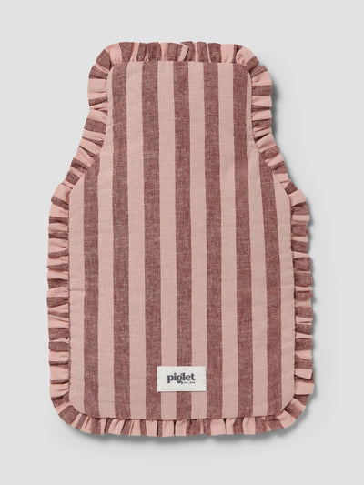A striped fabric hot water bottle cover with ruffled edges in dusty pink and brown tones, featuring a small white 'piglet' brand label near the bottom center, shown on a light gray background.