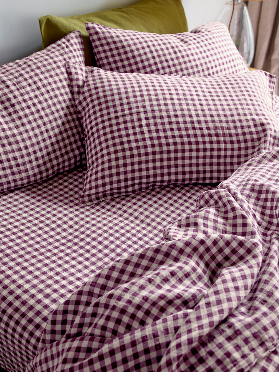 Gingham 100% Linen Fitted Sheet