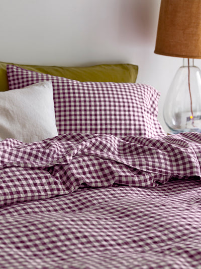 Berry Gingham 100% Linen Flat Sheet