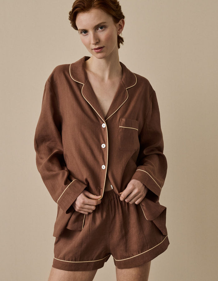 Barley Brown Linen Pyjama Shorts Set