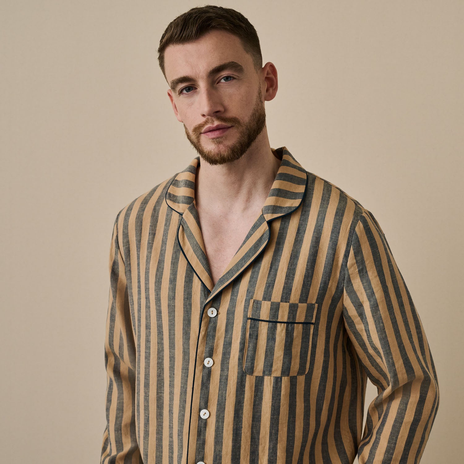 Blue & Porcini Striped Linen Men's PJ Shirt