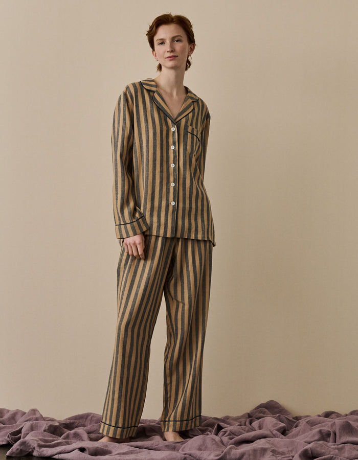 Blue & Porcini Striped Linen Women's PJ Trouser Set