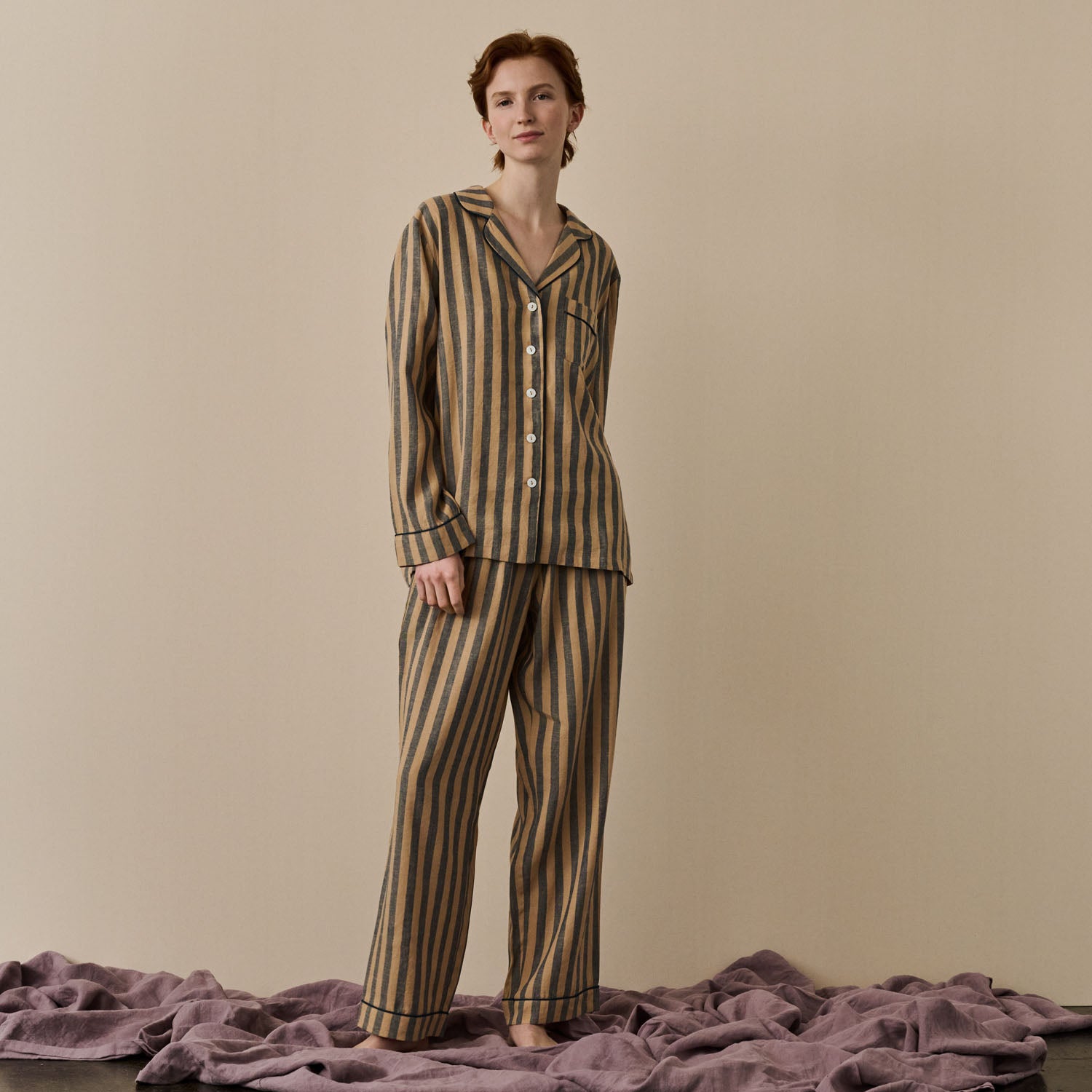 Blue & Porcini Striped Linen Women's PJ Trouser Set