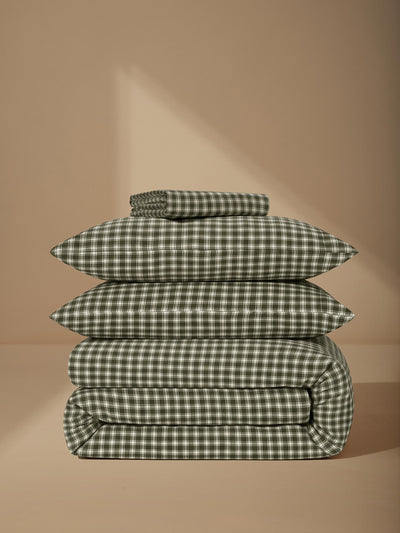 Fern Green Heritage Gingham 100% Linen Bedding Set