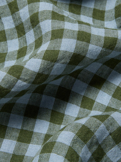Fern Green/Dusk Blue Colour Drenched Gingham Linen Fabric Swatch