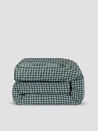 Fern Green & Dusk Blue Colour Drenched Gingham 100% Linen Duvet Cover