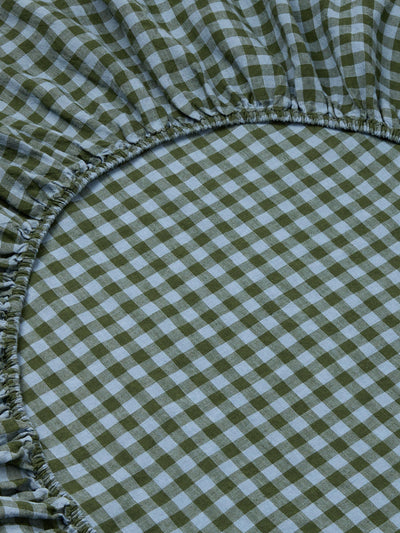 Fern Green & Dusk Blue Colour Drenched Gingham 100% Linen Fitted Sheet - alternate image