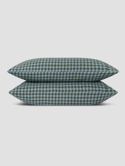 Fern Green & Dusk Blue Colour Drenched Gingham 100% Linen Pillowcases (Pair) - alternate image