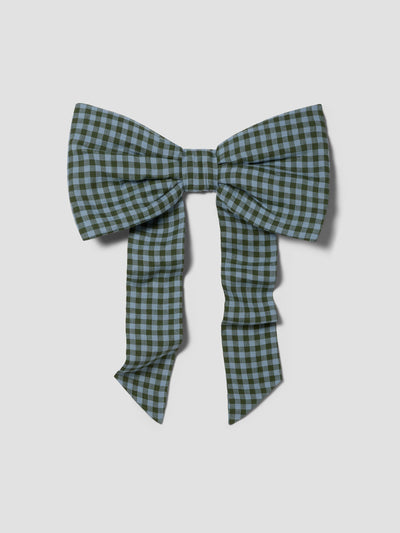 Fern Green & Dusk Blue Colour Drenched Gingham Linen Blend Bow