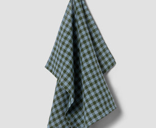 Fern Green & Dusk Blue Colour Drenched Gingham Linen Blend Tea Towel
