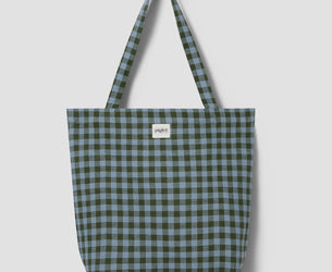 Fern Green & Dusk Blue Colour Drenched Gingham Linen Blend Tote Bag