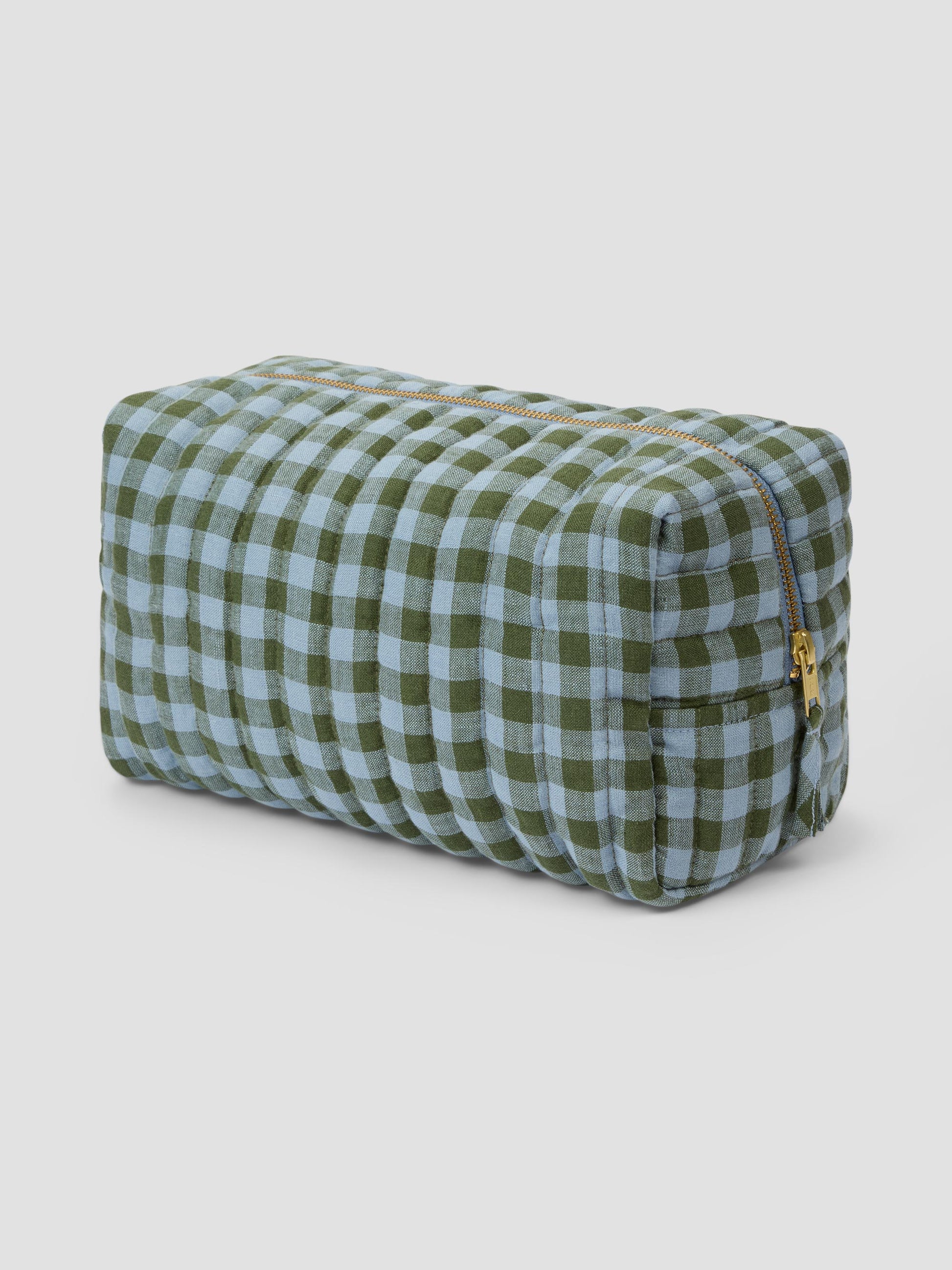 Fern Green & Dusk Blue Colour Drenched Gingham Linen Blend Wash Bag
