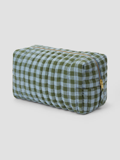 Fern Green & Dusk Blue Colour Drenched Gingham Linen Blend Wash Bag