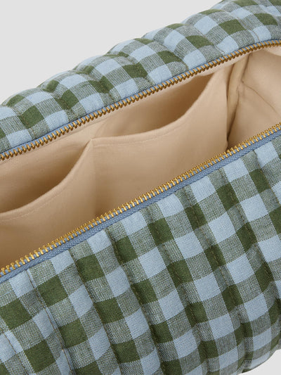 Fern Green & Dusk Blue Colour Drenched Gingham Linen Blend Wash Bag - alternate image