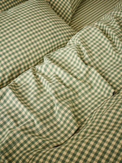 Drap plat en mélange de lin vichy couleur vert pâle et jaune beurre