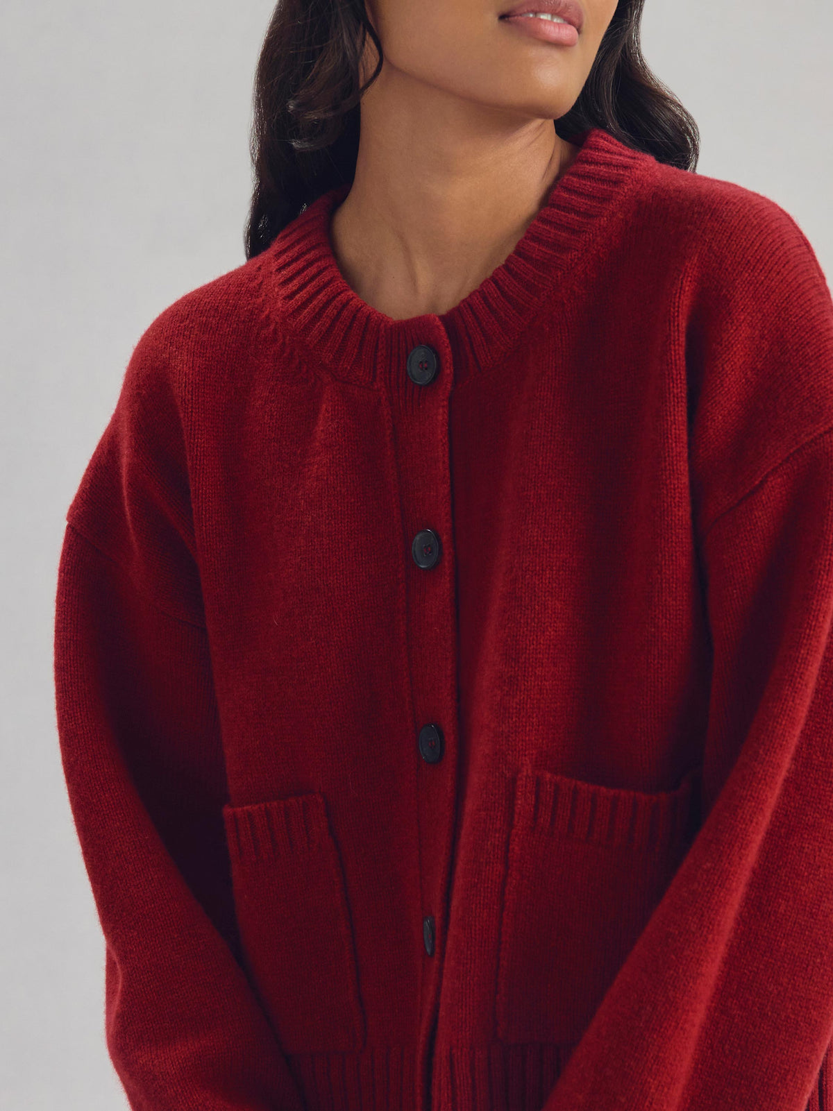 Red Crew Neck Wool Cardigan | Piglet in Bed UK